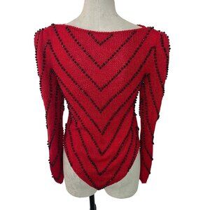 Vintage Womens Sweater Size Small Red Knit Jeweled Puff Shoulder Boat Neck